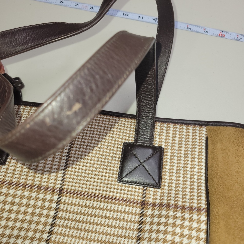 Lauren Ralph lauren Houndstooth Tote Bag Classic Preppy Purse Brown Tan Plaid - Picture 5 of 14